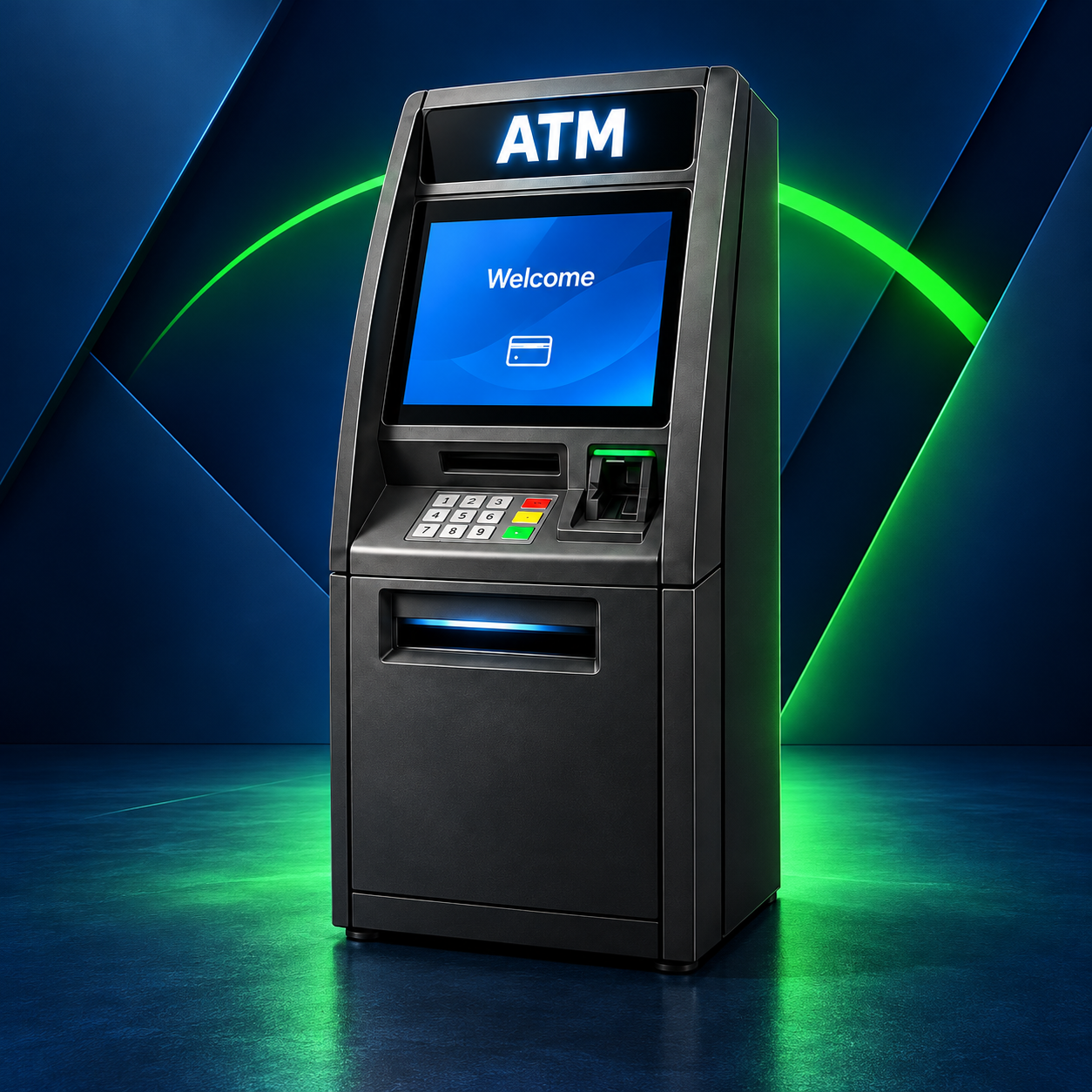 ATM machine against a navy and green geometric backdrop